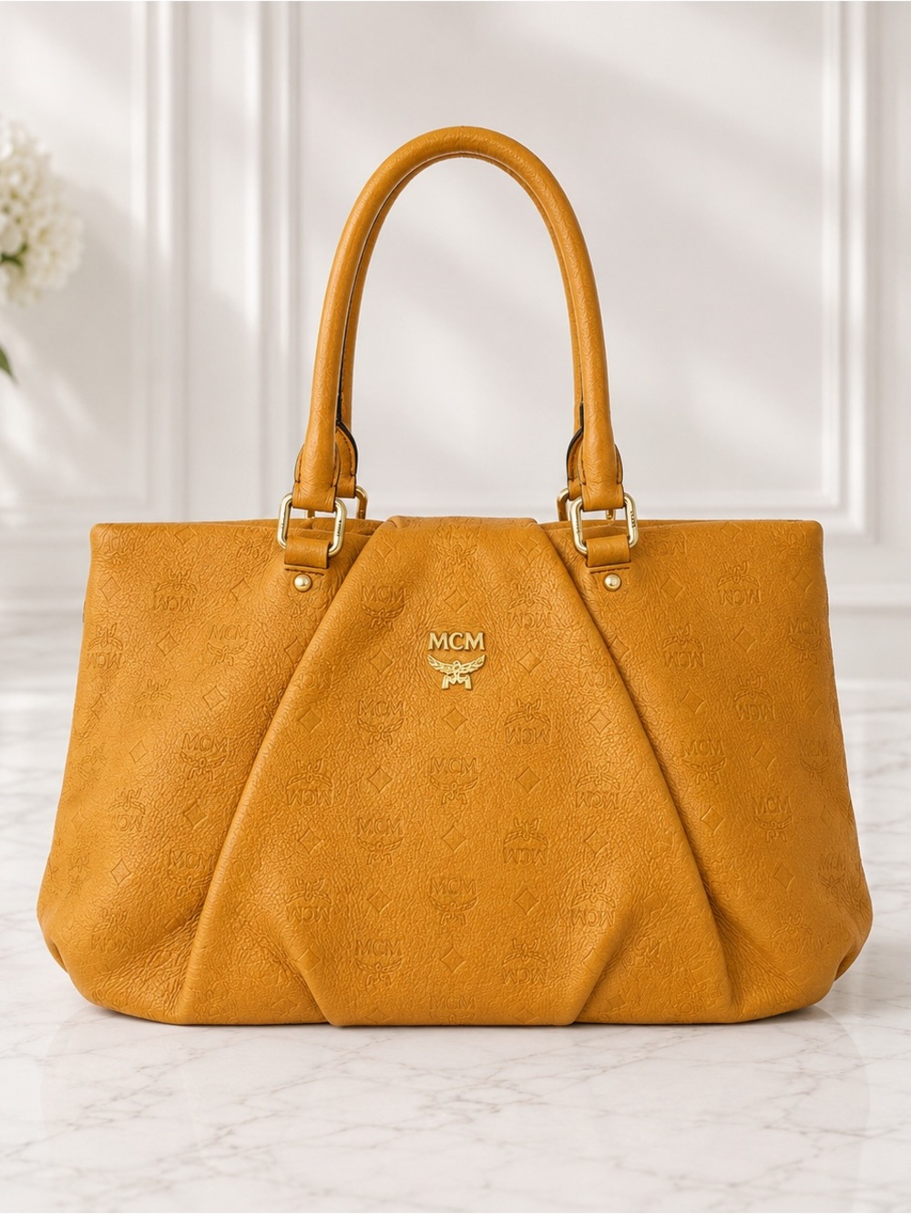 MCM Orange Embossed Monogram Leather Satchel | Top Handle Crossbody Bag